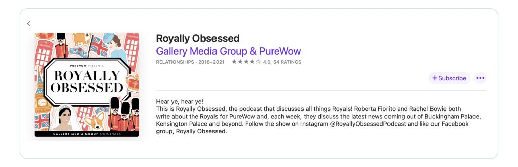 A screenshot of Apple Podcasts showing the title, ratings, category, cover art and description of Royally Obsessed podcast.