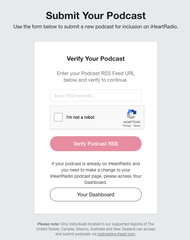 The iHeartRadio submission form, prompting the user to verify their podcast RSS url.