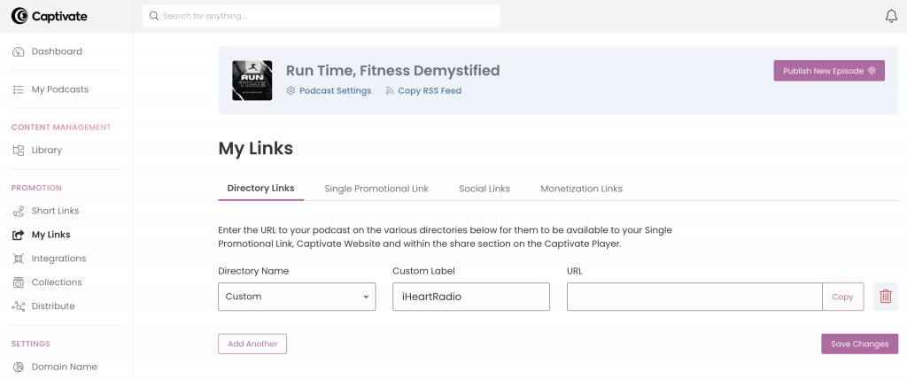 A screenshot of Captivate's My Links page, showing a custom directory link for iHeart.